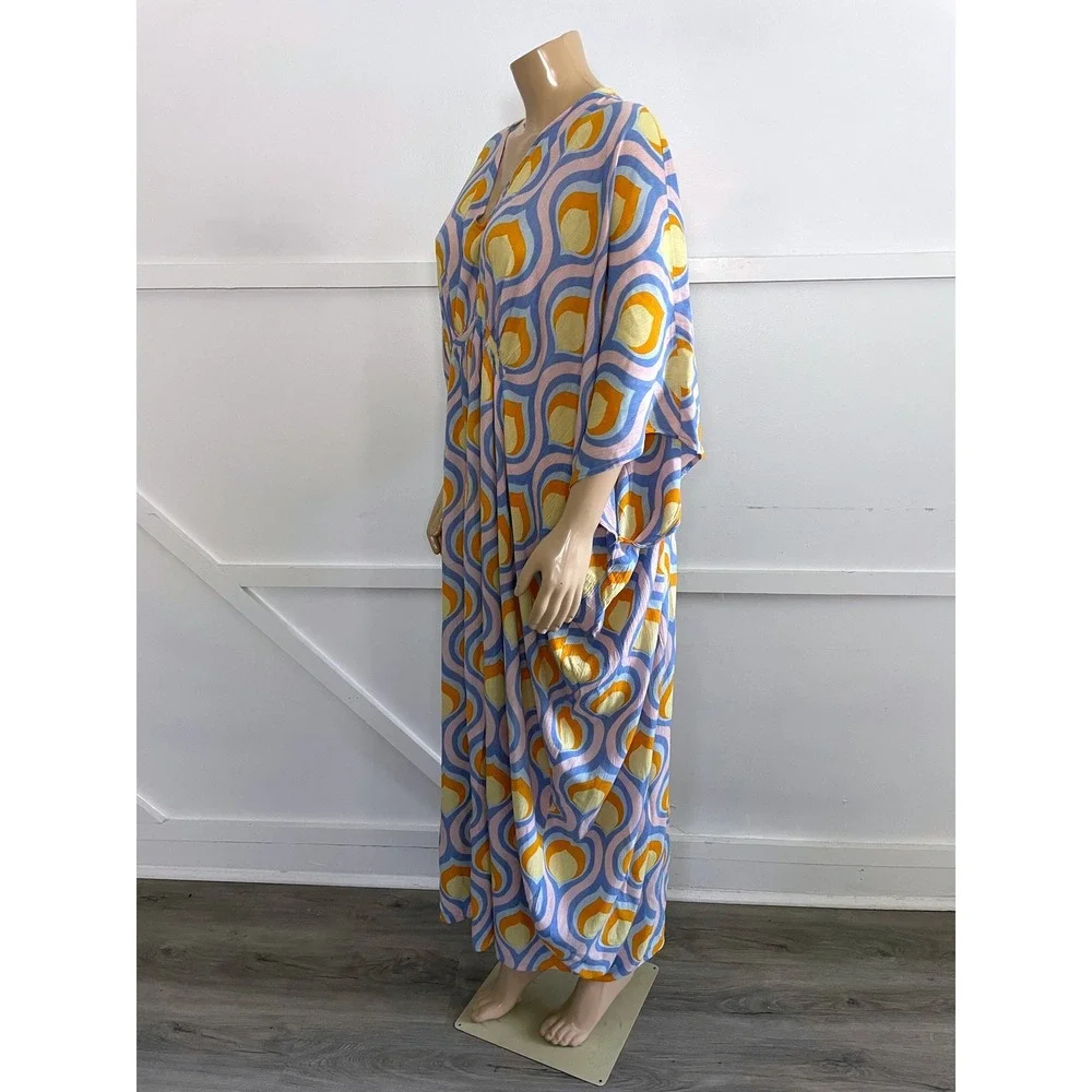 Free People Kaftan Maxi Dress Retro Geometric Print Blue Orange V-Neck OS